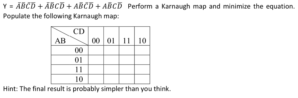 Y ABCD +ABCD + ABCD + ABCD Perform a Karnaugh map