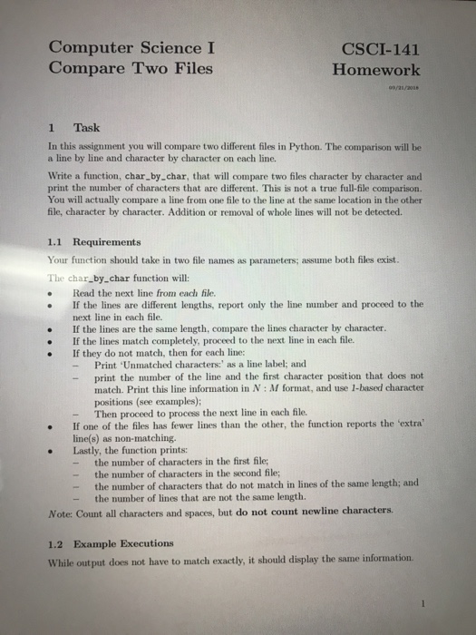  Computer Science I Compare Two Files CSCI-141 Homework 1 Task In