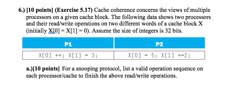  6.) [10 points] (Exercise 5.17) Cache coherence concerns the views of