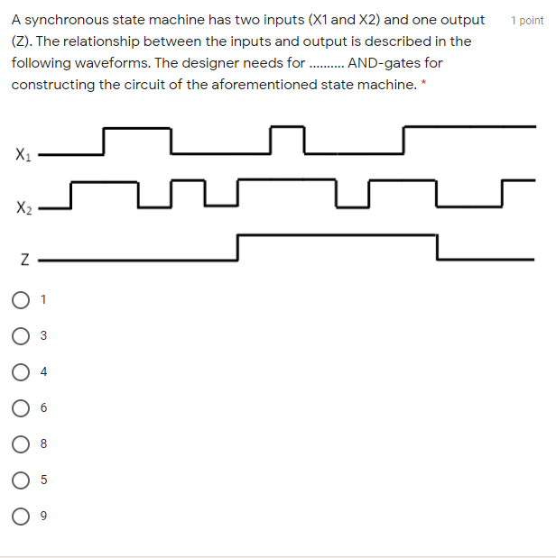 1 point A synchronous state machine has two inputs (X1 and