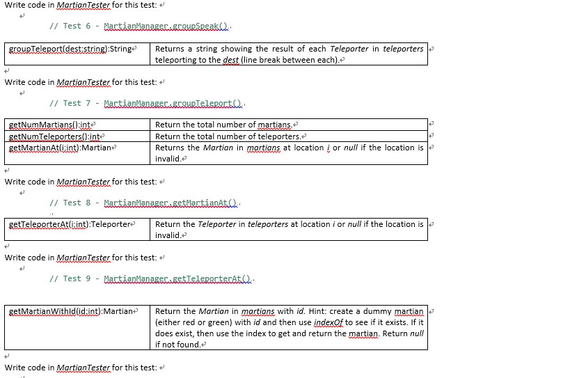getMartianWithld(id:int):Martian getNumMartians0:int getNumTeleporters0int getTeleporterAt(:int):Teleporter groupSpeak0:String groupTeleport(dest:string):String obliterate Teleporters0 removeMartian(id:int):boolean sortedMartians0:ArrayList -id:int -volume:int