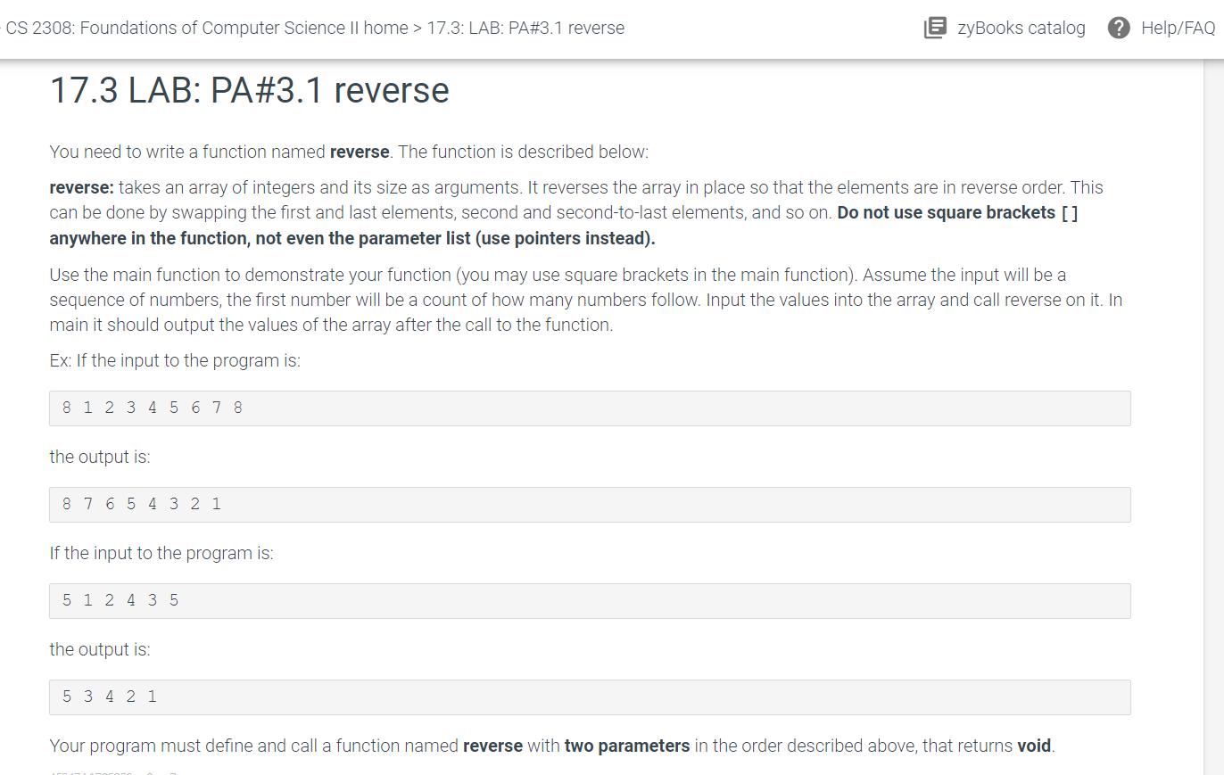 C++ Please You need to write a function named reverse. The function