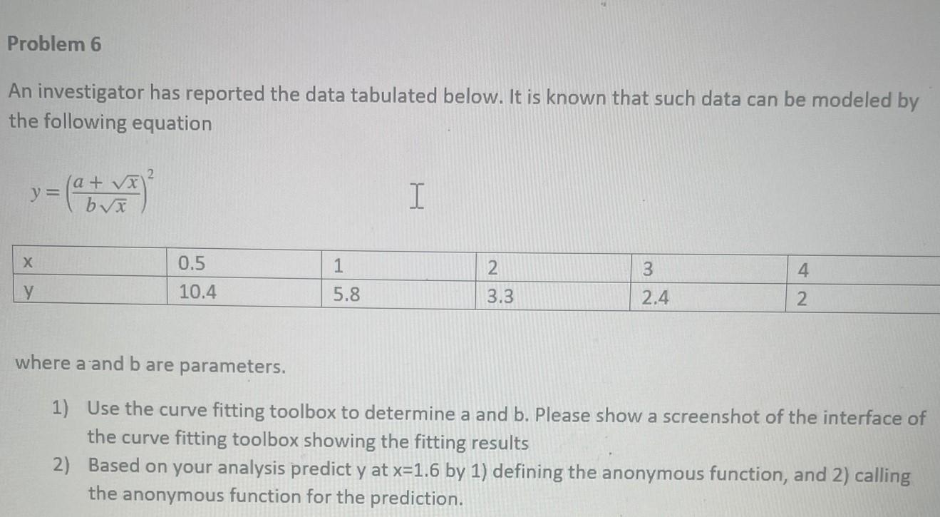USE MATLAB An investigator has reported the data tabulated below. It is