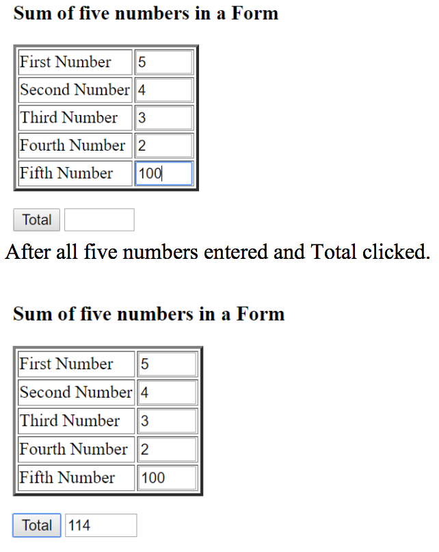 Write a JavaScript program which will output a form as the following.