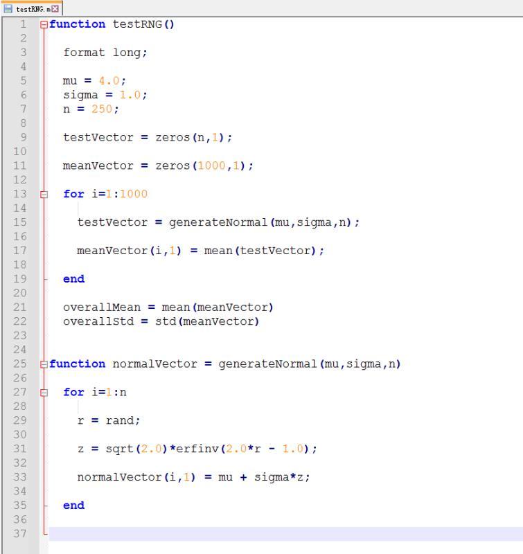 Matlab program testRNG.m, test the hypothesis that the random number generator is