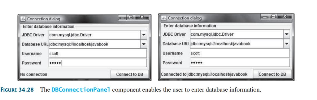 Java Programming (Connection dialog) Develop a class named DBConnection Panel that enables