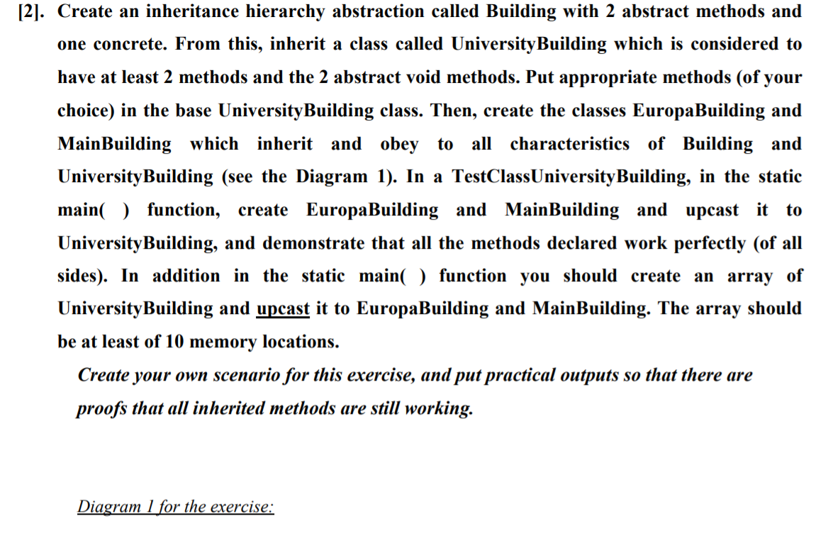 Java!! [2]. Create an inheritance hierarchy abstraction called Building with 2 abstract
