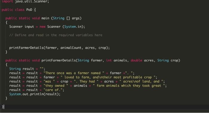 story about a farmer, their land, and their animals. Output is handled
