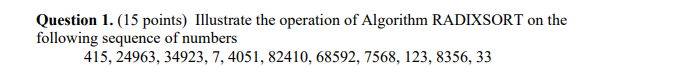 Question 1. (15 points) Illustrate the operation of Algorithm RADIXSORT on