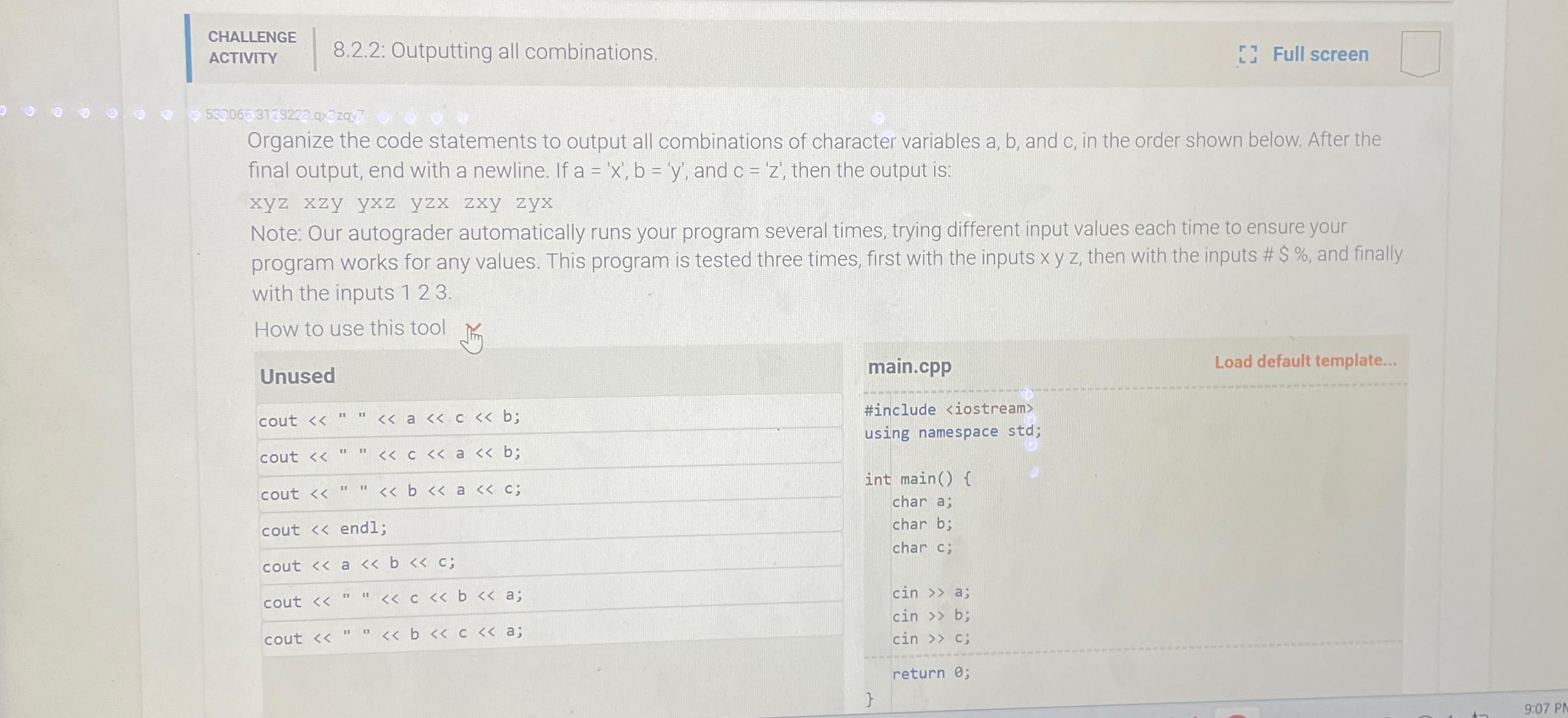  CHALLENGE ACTIVITY 8.2.2: Outputting all combinations. Full screen 5330663123223 qx^3zay? Organize
