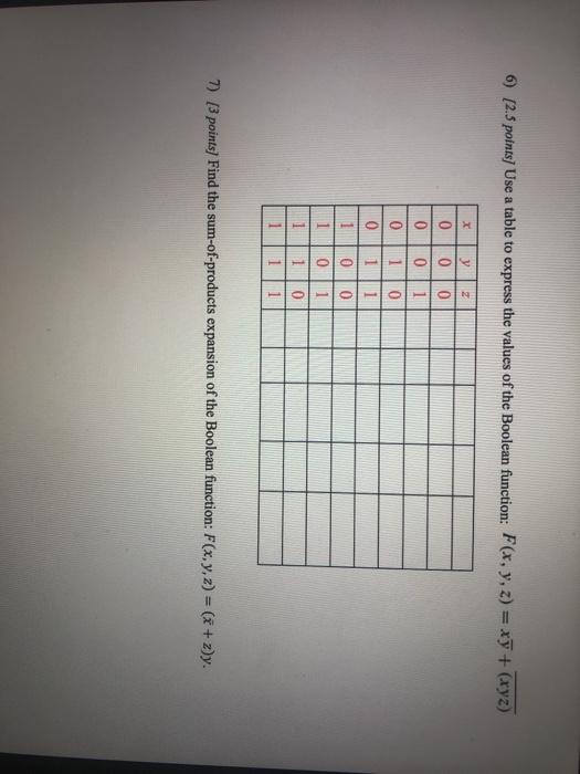  6) (2.5 points Use a table to express the values of