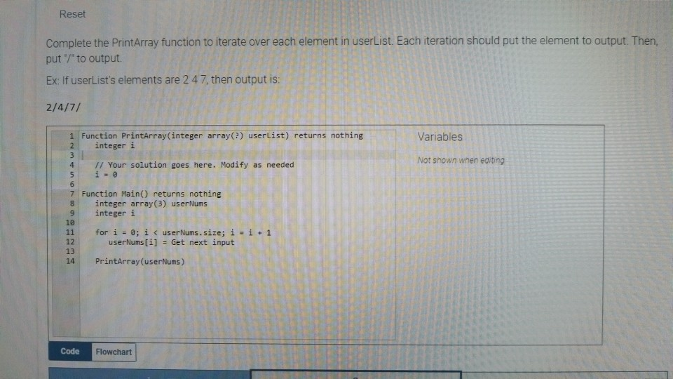 Reset Complete the PrintArray function to iterate over each element in