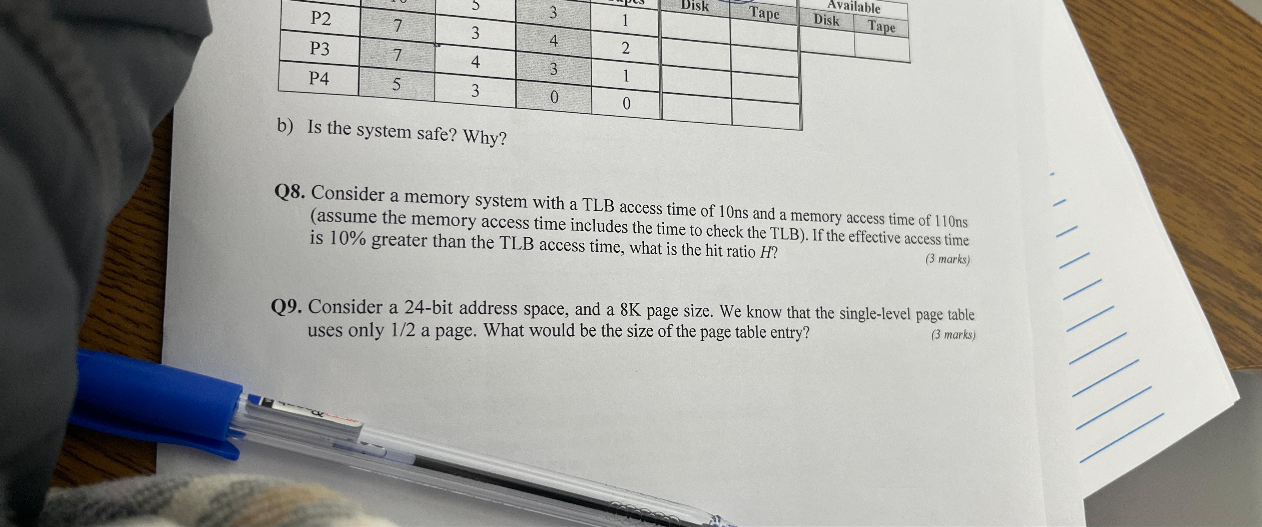  \table[[P2,7,3,3,1,,Tape,Disk,Available],[P3,7,4,3,2,,,,],[P4,5,3,0,1,,,,]] b) Is the system safe? Why? Q8. Consider a memory
