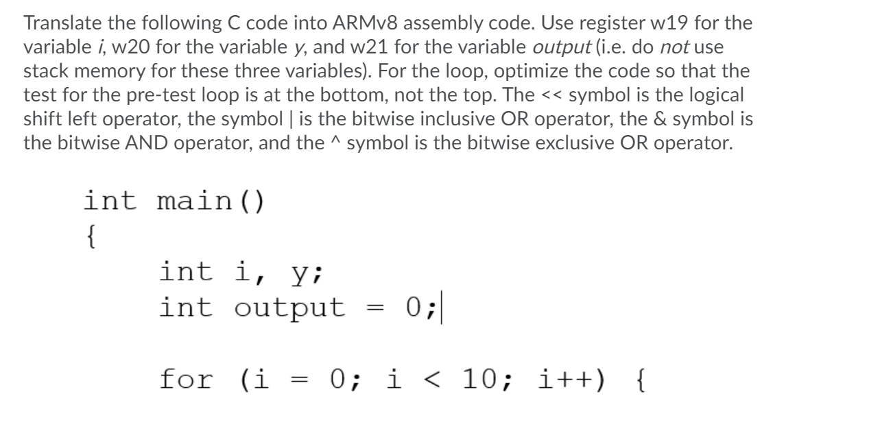 Translate the following C code into ARMv8 assembly code. Use register