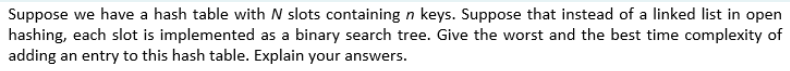 Suppose we have a hash table with N slots containing n