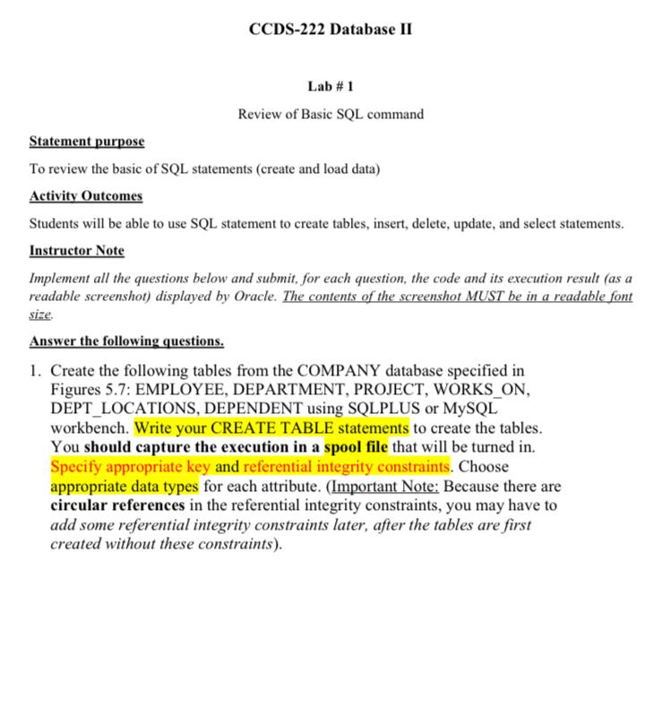  CCDS-222 Database II Lab # 1 Review of Basic SQL command