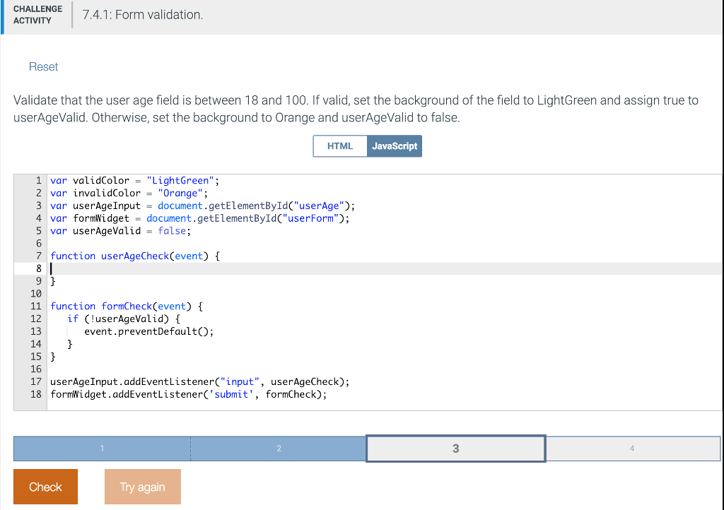 JavaScript Zybooks 7.4.1 Form Validation Have it halfway right, can't figure out