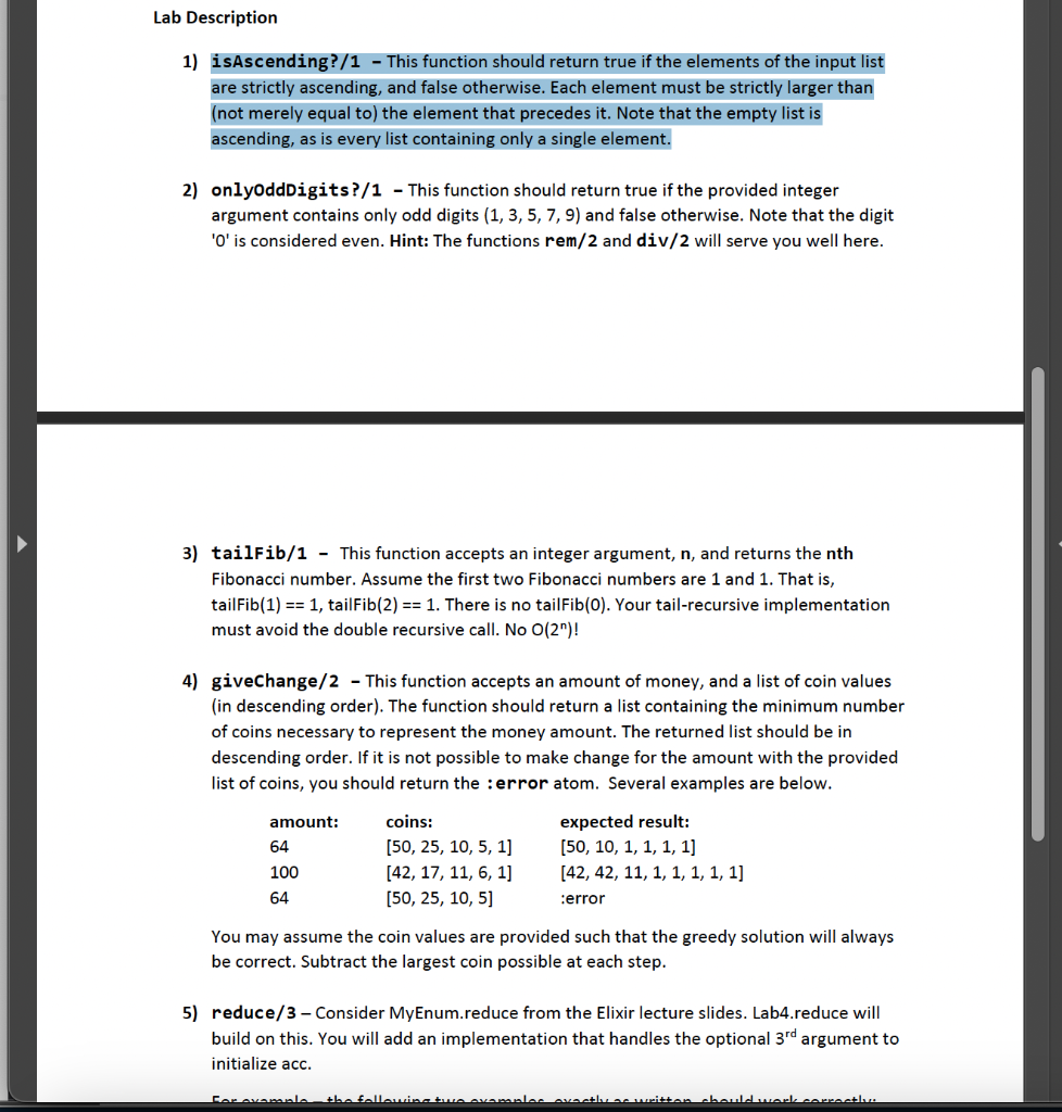 Please provide the elixir code 1) isAscending?/1 - This function should return