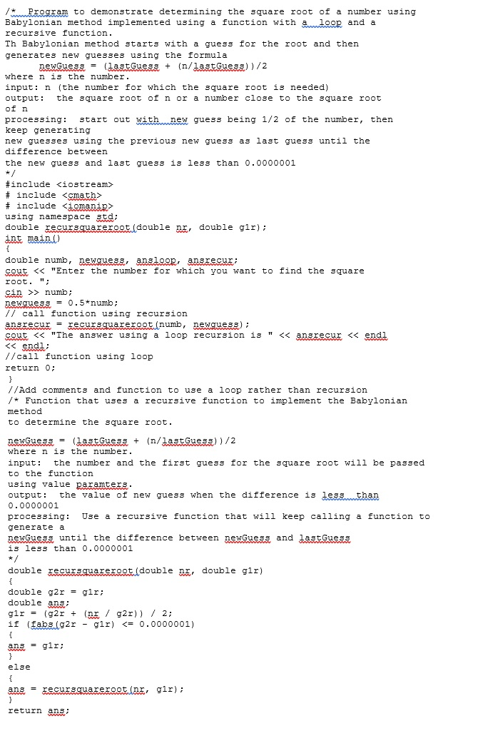 root of a number using Babylonian method implemented using a function with
