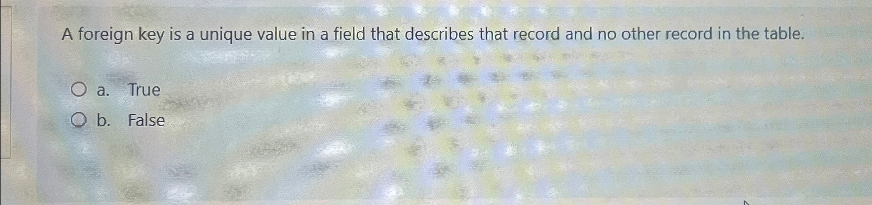  A foreign key is a unique value in a field that