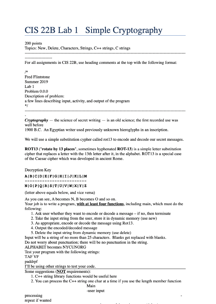 Follow Instructions Please!!!!!! C++ CIS 22B Lab 1 Simple Cryptography 200 points