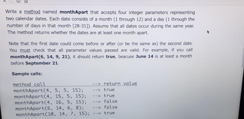  in java please Write a method named monthApart that accepts four