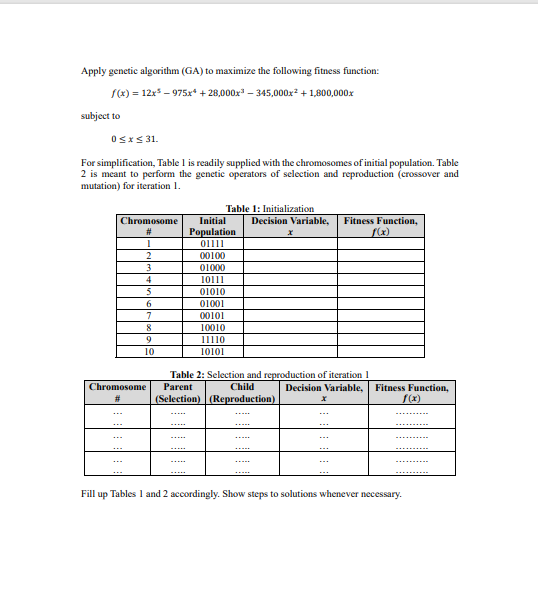  Apply genetic algorithm (GA) to maximize the following fitness function: f(x)=12x5-975x4+28,000x3-345,000x2+1,800,000x