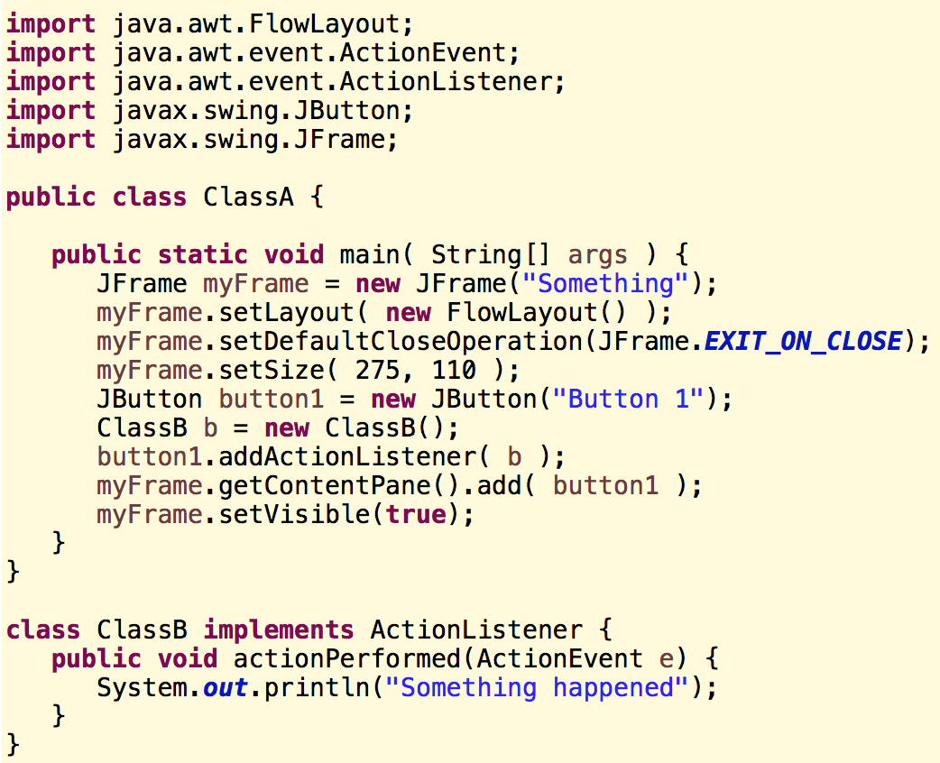In the program below, which Java statement registers an event listener object
