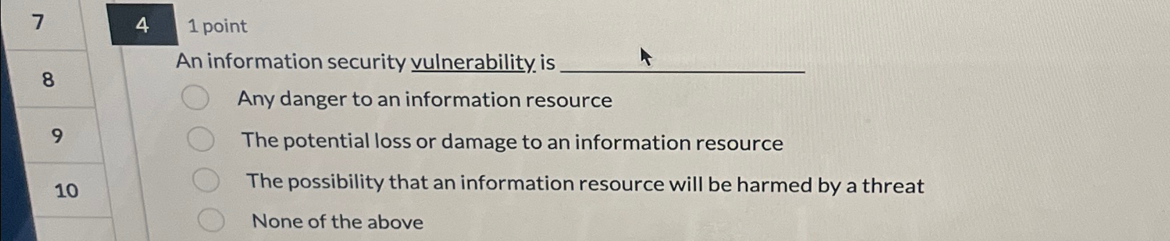  7 4 1 point An information security vulnerability. is 8 Any