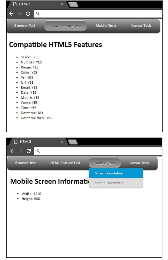 4 JavaScript functions, which will be used to 1) Display Browser information,