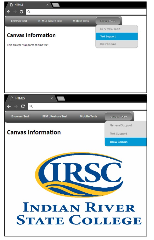 Test for and create a simple HTML5 Canvas. The HTML file will