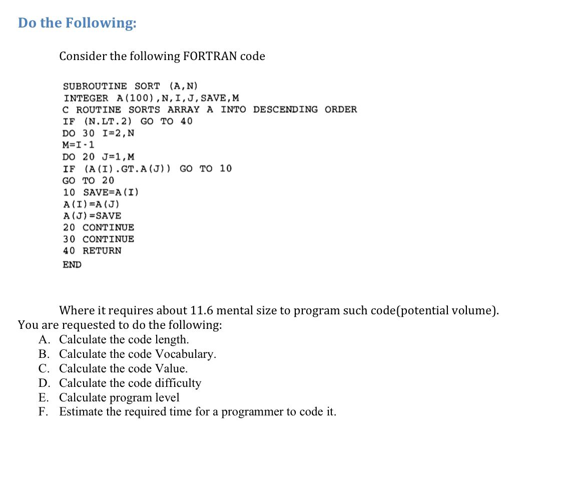 Do the Following: Consider the following FORTRAN code SUBROUTINE SORT (A,N)