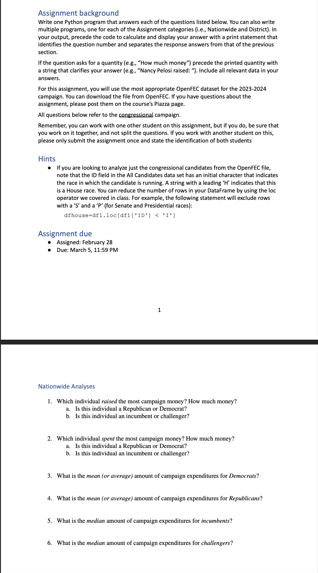  Assignment 1Assignment background Write one Python program that answers each of