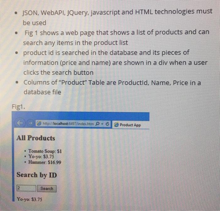 . JSON, WebAPI, JQuery, javascript and HTML technologies must be used