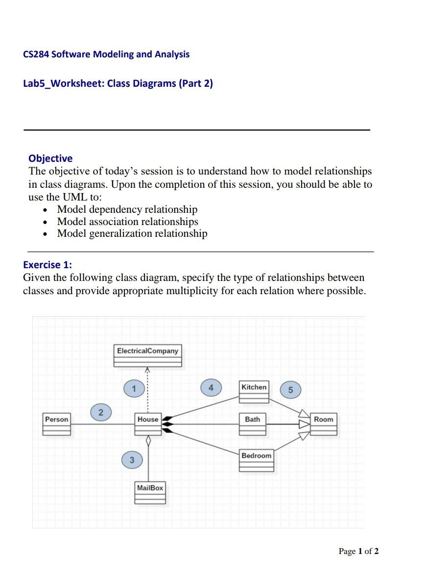  Please resolve quickly CS284 Software Modeling and Analysis Lab5_Worksheet: Class Diagrams