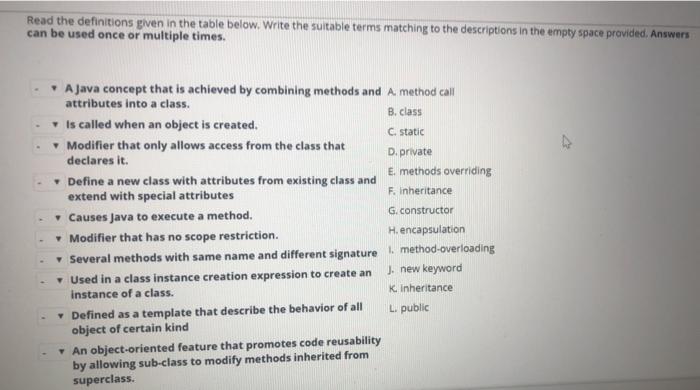  Read the definitions given in the table below. Write the suitable
