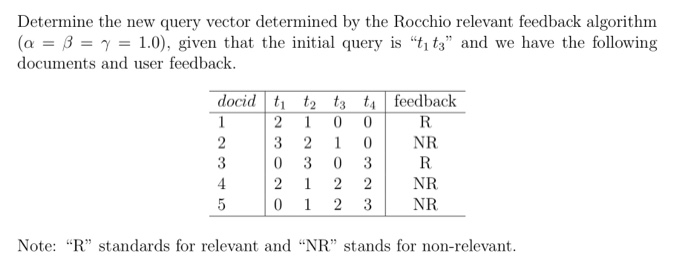  Determine the new query vector determined by the Rocchio relevant feedback