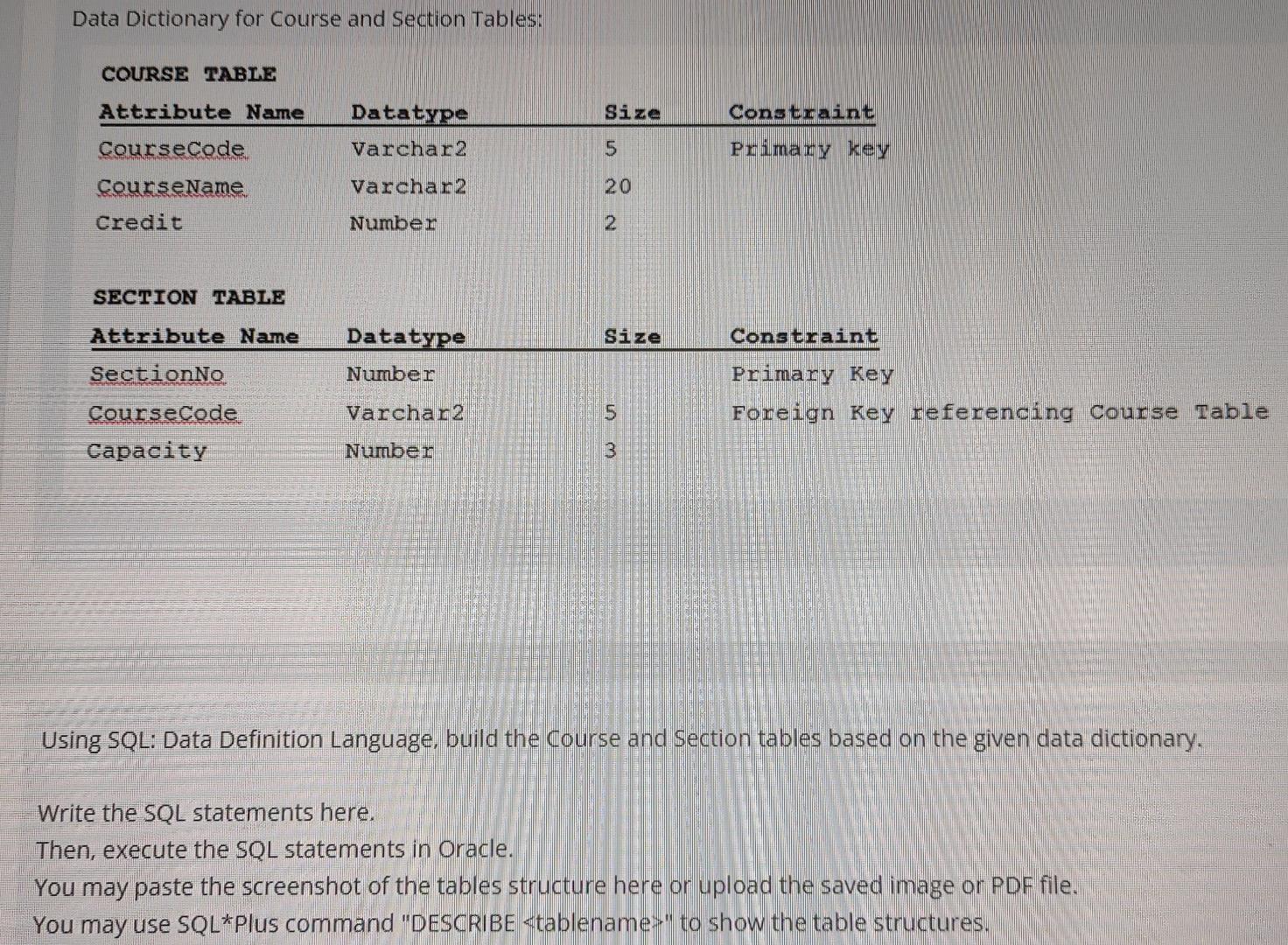  Data Dictionary for Course and Section Tables: COURSE TABLE Attribute Name