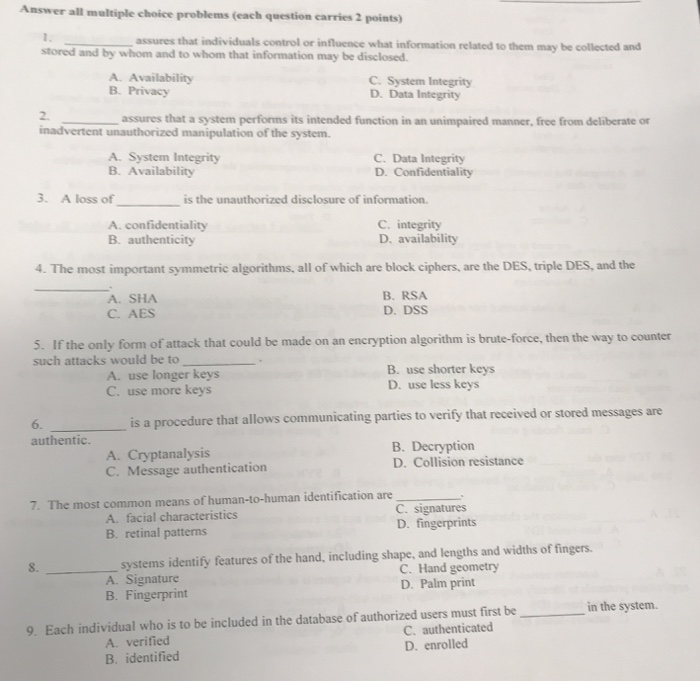  Answer all multiple choice problems (each question carries 2 points) assures