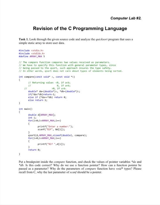  Computer Lab #2 Revision of the C Programming Language Task 1.