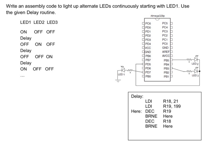  Write an assembly code to light up alternate LEDs continuously starting