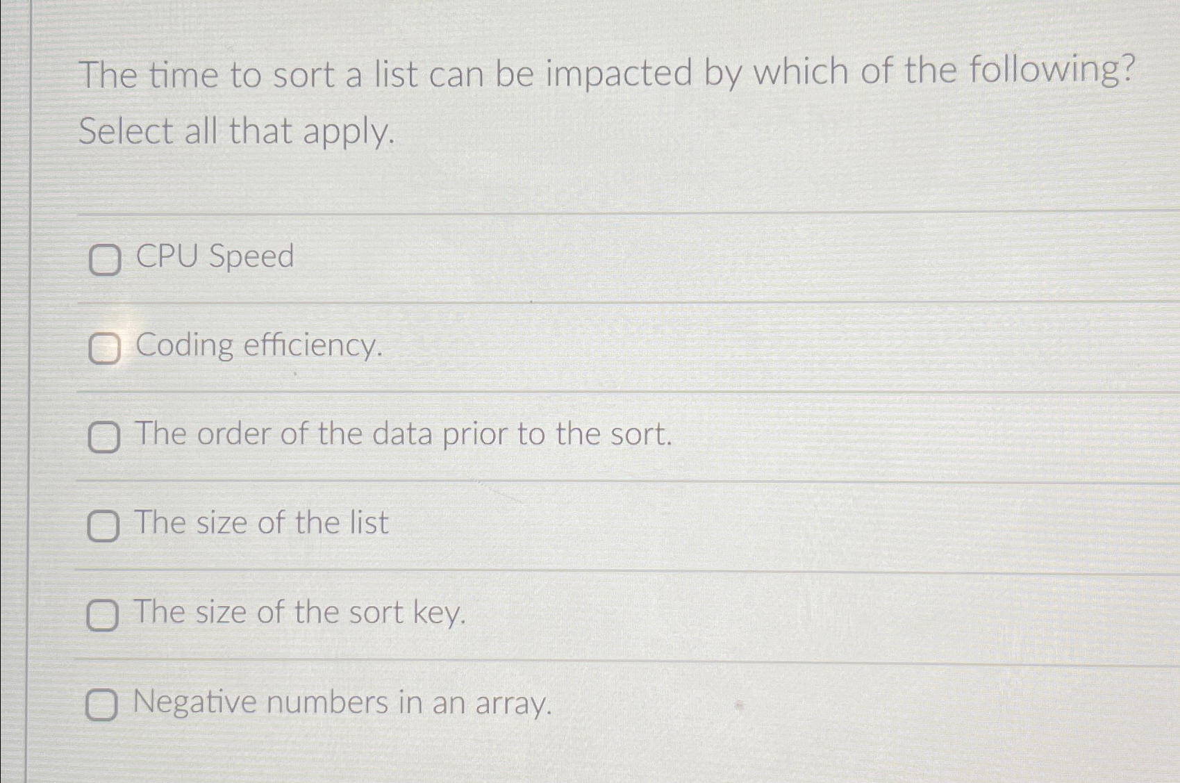  The time to sort a list can be impacted by which