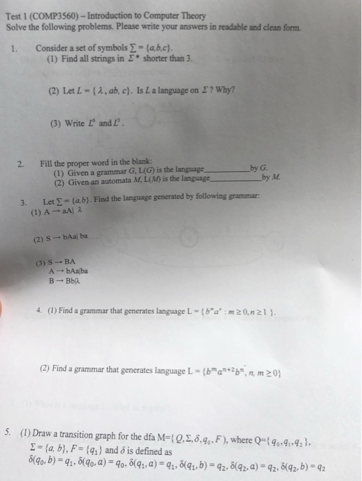  Test 1 (COMP3560)-Introduction to Computer Theory Solve the following problems. Please