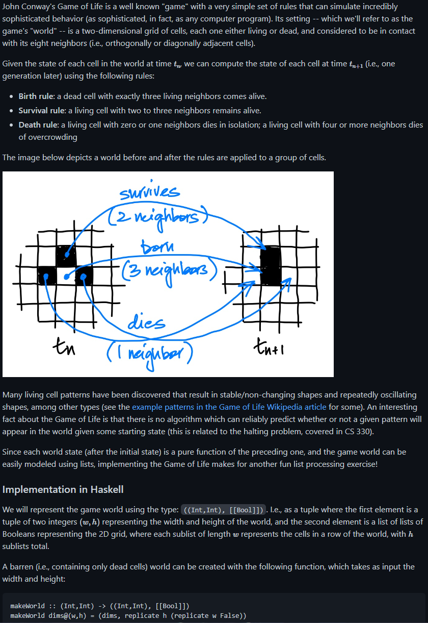 Complete using the Haskell programming language John Conway's Game of Life is