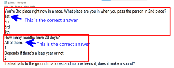 Create a quiz program using all the questions and answers provided below