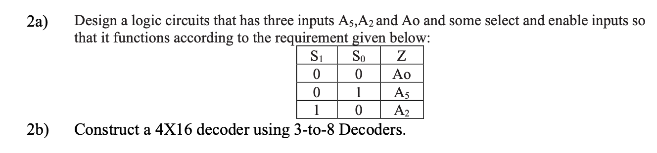 2a) Design a logic circuits that has three inputs As,A2 and