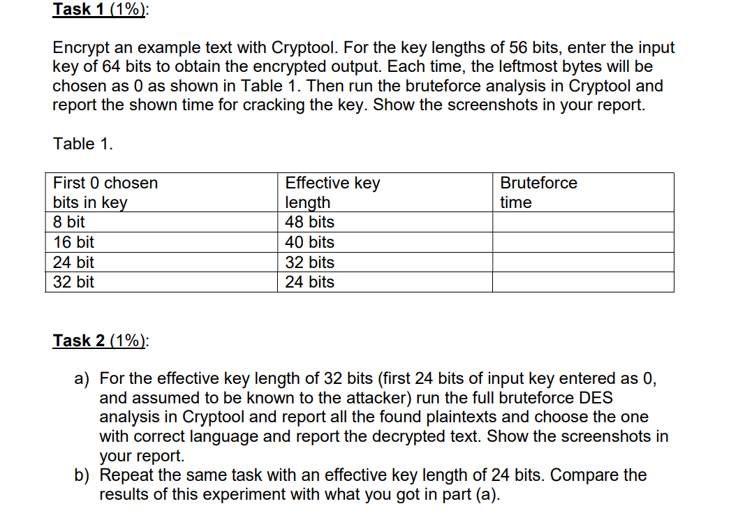  Task 1 (1%): Encrypt an example text with Cryptool. For the