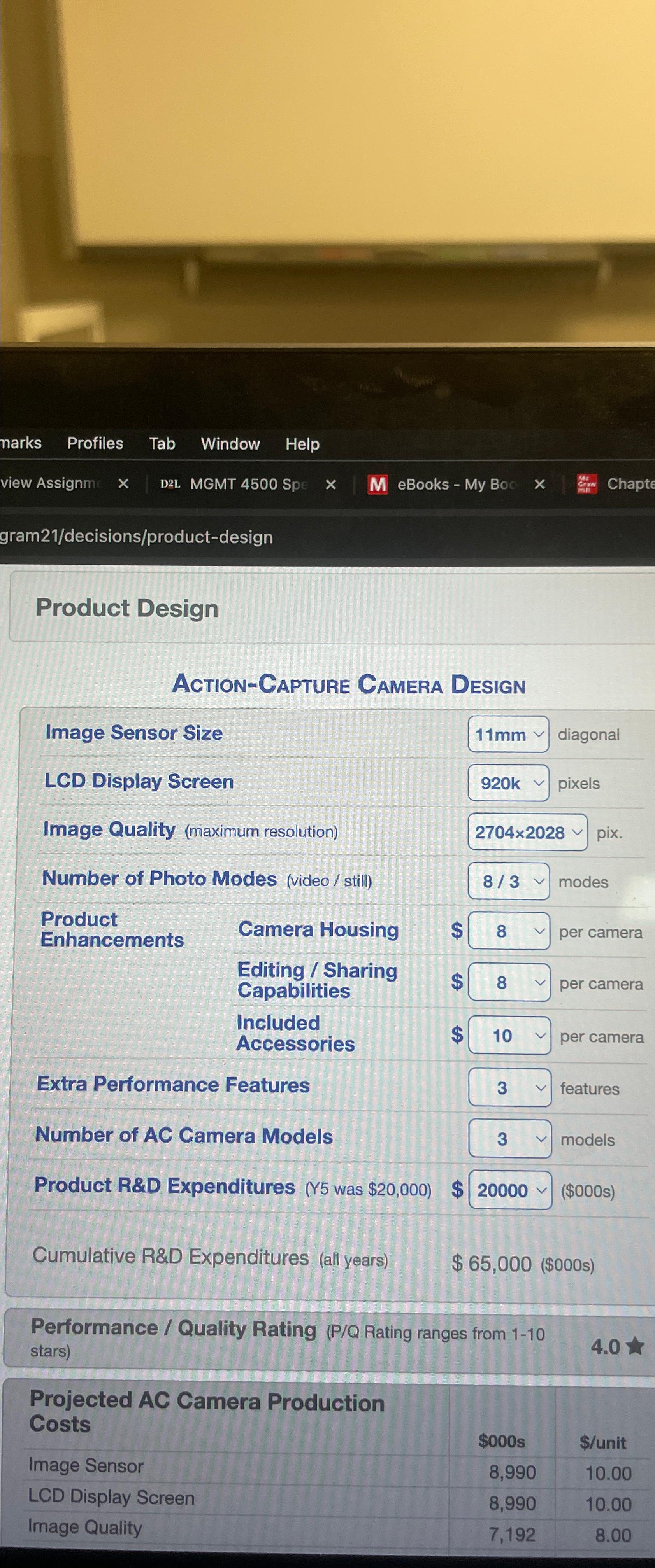  Product Design Action-Capture Camera Design \table[[Image Sensor Size,11mm,diagonal],[LCD Display Screen,,pixels],[Image Quality