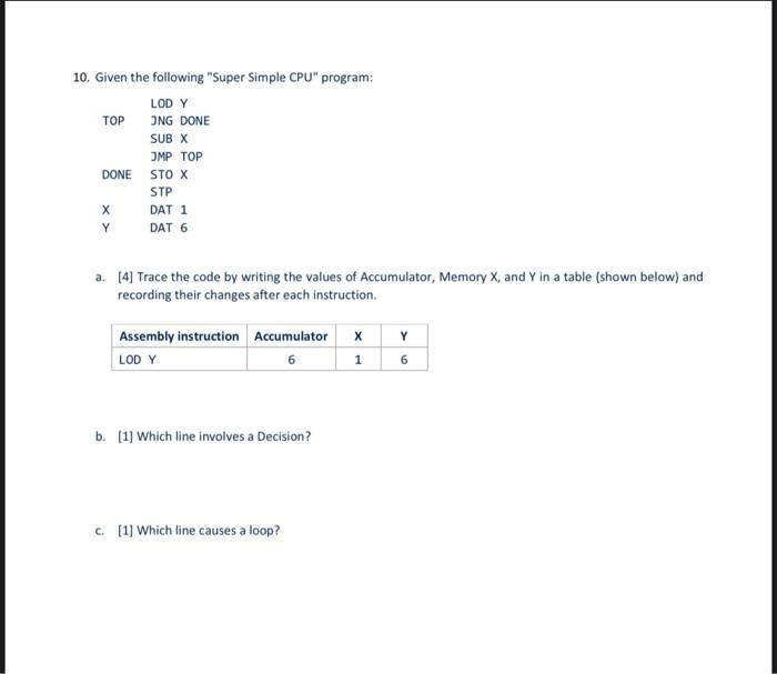  10. Given the following "Super Simple CPU" program: LODY TOP ING