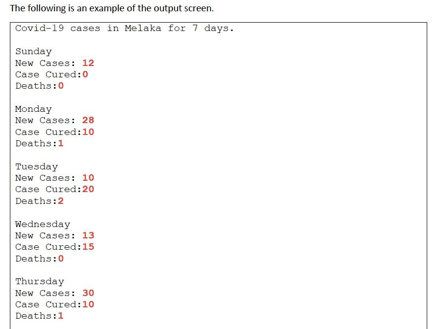 Melaka for 7 days. The user is required to enter THREE(3) data